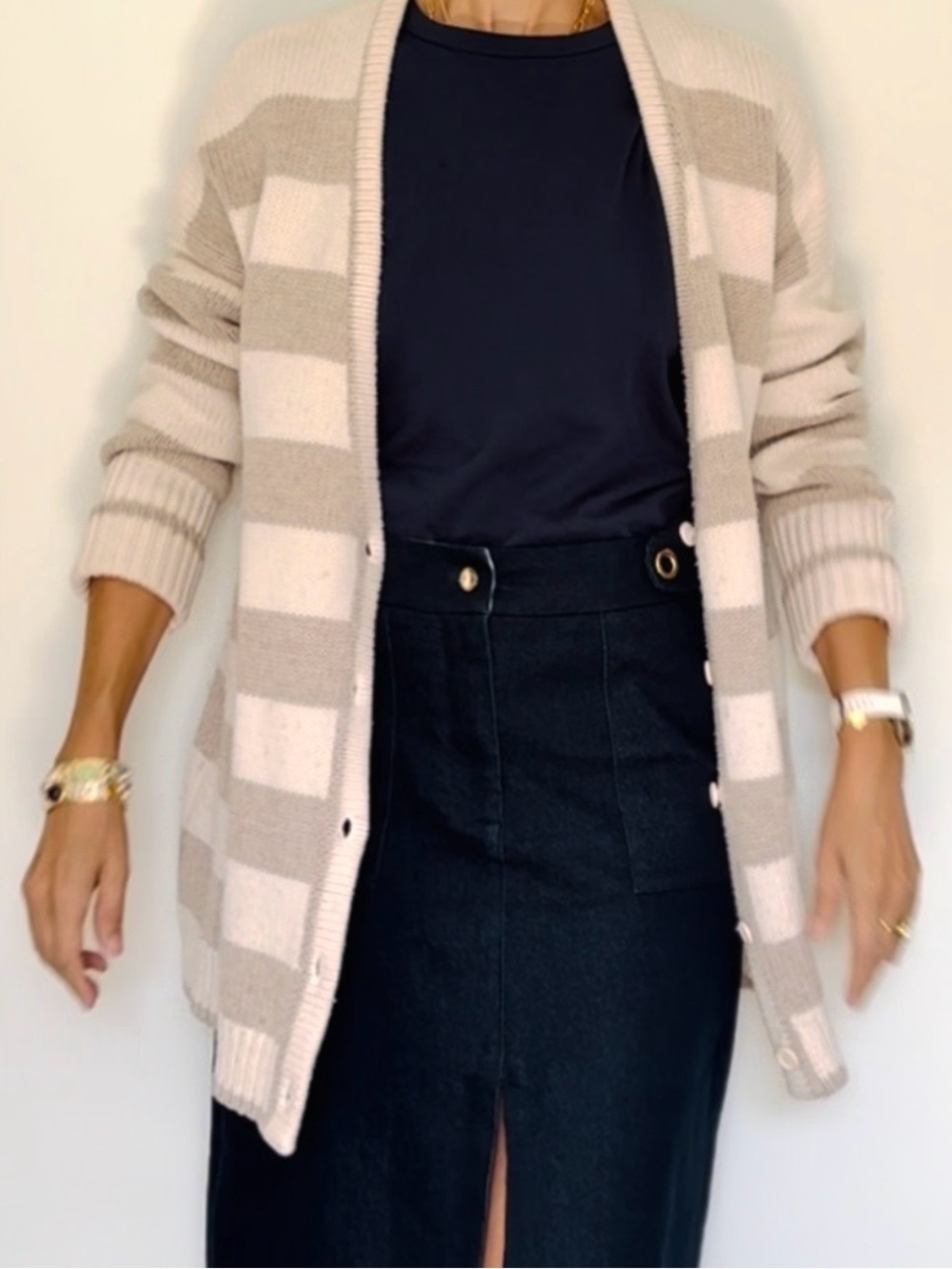 Striped Open-Front Knit Cardigan - White/Beige